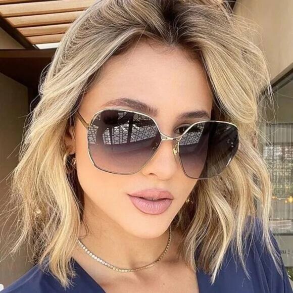 Gucci GG0818SA 005 Geometric Sunglasses - Gold/Grey main image 7